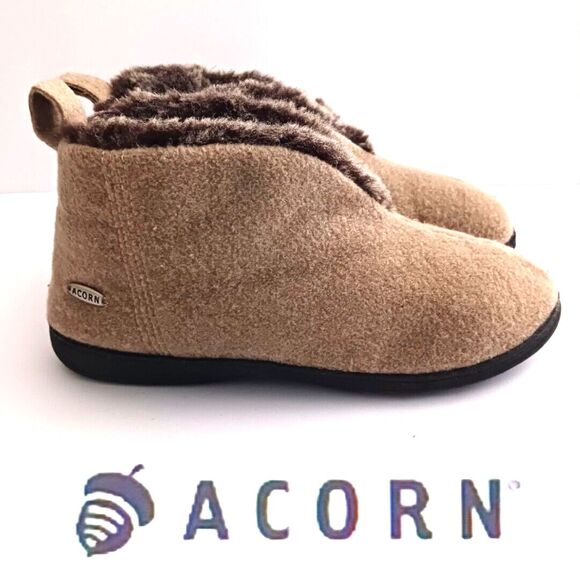 Acorn Bootie Slippers Tan Wool Faux Fur Lined Hard Rubber Sole Ladies 9 - Picture 1 of 10